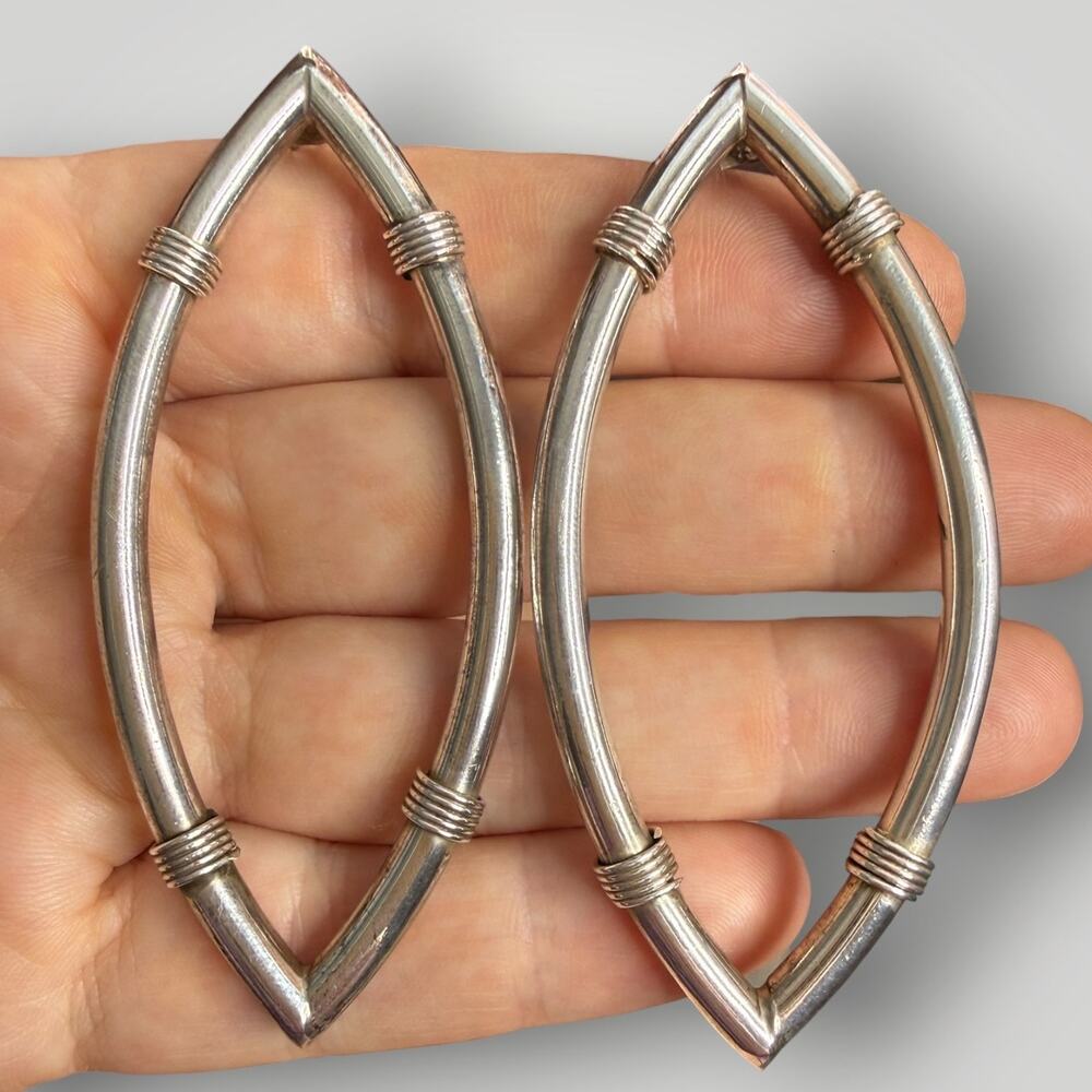 Vintage Sterling Silver Large Geometric Marquise Hoop Earrings 21.1g Artisan